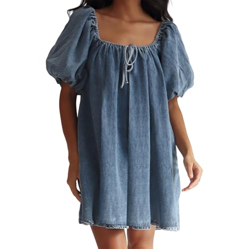 Frauen Sommer Mini Denim Kleid Kurz Puffärmel Quadratisch Elastischer Ausschnitt Rüschen Kurzes Jeanskleid (Blau, M) von WangsCanis
