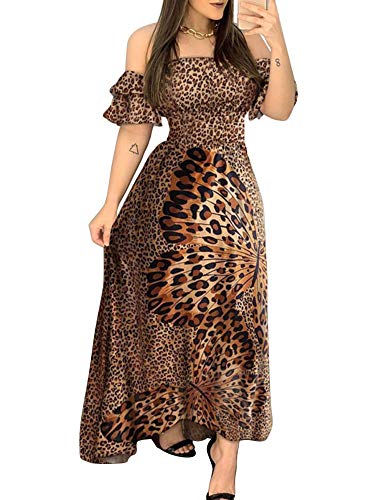 WangsCanis Langes, ausgestelltes Kleid für Damen, Elegantes, Schulterfreies, kurzärmliges Schmetterlingskleid mit Leopardenmuster (Leopard, L) von WangsCanis