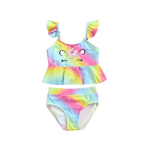 WangsCanis Mädchen Einhorn Badeanzug Regenbogen Badeanzüge Sommer Meerjungfrau Rüschen Bademode Bikini Tankini Zweiteiler (Regenbogen Gelb, 6-7 Years) von WangsCanis