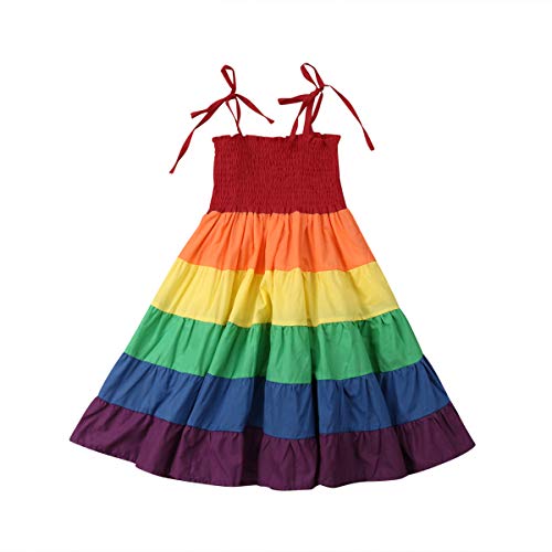 WangsCanis Mädchen Regenbogen Böhmische Sommer Kleider ärmellose Rainbow Beach Prinzessin Strand Sommerkleid (3-4 Jahre) von WangsCanis