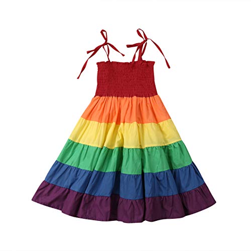 WangsCanis Mädchen Regenbogen Böhmische Sommer Kleider ärmellose Rainbow Beach Prinzessin Strand Sommerkleid (6-7 Jahre) von WangsCanis