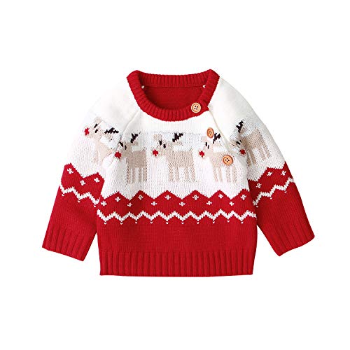 WangsCanis Neugeborene Baby Weihnachtspullover Kleinkind Baby Jungen Mädchen Langarm Warm Strickpullover Weihnachten Rentier Top Kleidung (Rot, 12-18 Monate) von WangsCanis