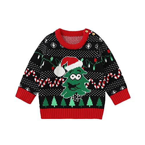 WangsCanis Neugeborene Baby Weihnachtspullover Kleinkind Baby Jungen Mädchen Langarm Warm Strickpullover Weihnachten Rentier Top Kleidung (Weihnachtsbaum-Schwarz, 1-2 Jahre) von WangsCanis