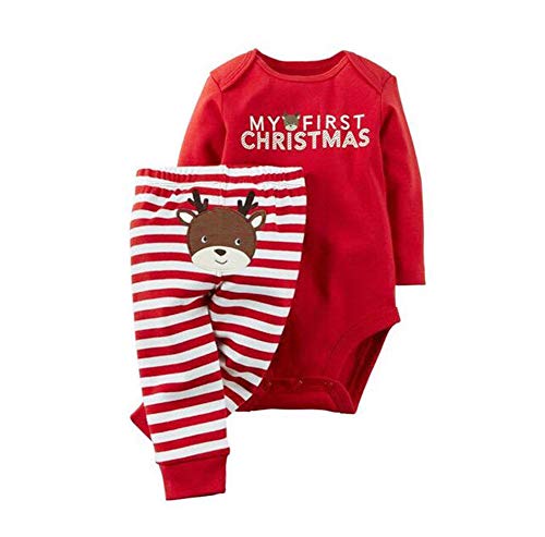 WangsCanis Neugeborenes Xmas Baby Junge Mädchen Erste Weihnachten Hirsch Weihnachtsmann Strampler + Gestreifte Hosen 2pcs Outfits Set, Weihnachten Hirsch #1, 80 von WANGSAURA