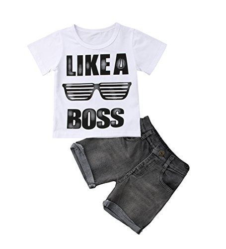 WANGSAURA kinderkleidung junge Buchstabenmuster weiß T-Shirt +Jeans Shorts Bekleidungsset Set Sommer Baumwolle Kurzarm (Weiß, 2-3Jahre alt/90) von WANGSAURA