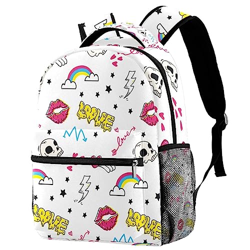 Backpack Rucksack Totenkopf Lippen Regenbogen Schulrucksack Wasserdicht Schultaschen Für Jungen Mädchen Teenager 29.4x20x40cm von Wangsxing