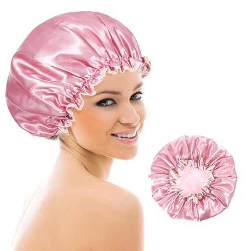 Wangxuemei Doppelte elastische Duschhaube, 100% wasserdicht, für Frauen, seidige Satinkappe, geeignet für alle Haarlängen, Maskenbehandlungen, Dusche (Rosa) von Wangxuemei
