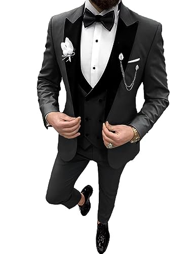 Smoking für Herren Slim Fit 3-teilige Anzüge formelle Hochzeit Trauzeugen Anzug Spitzrevers Abschlussball Smoking Anzüge mit Fliege, Schwarz, S von Wangyue