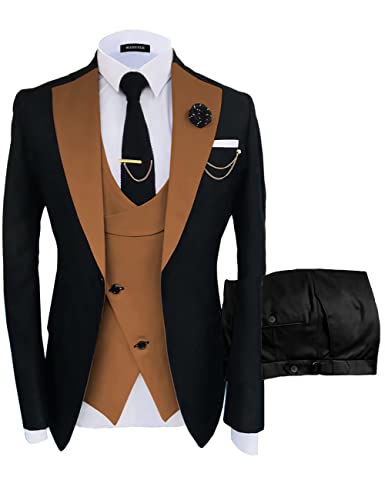 Wangyue Herren-Anzüge, modische Anzüge, schmale Passform, 3-teiliges Blazer-Set, V-braun-schwarz, 44 von Wangyue