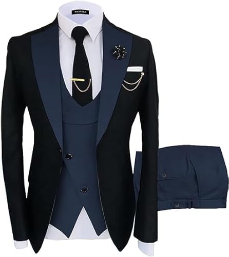 Wangyue Hochzeit Smoking Zweireiher Anzüge für Männer 3 Stück Slim Fit Anzug Prom Anzug 2023 Formale Anzug Weste Hosen Sets, Schwarz / Marineblau, XL von Wangyue
