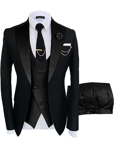 Wangyue Hochzeit Smoking Zweireiher Anzüge für Männer 3 Stück Slim Fit Anzug Prom Anzug 2023 Formale Anzug Weste Hosen Sets, Schwarz-Schwarz, S von Wangyue