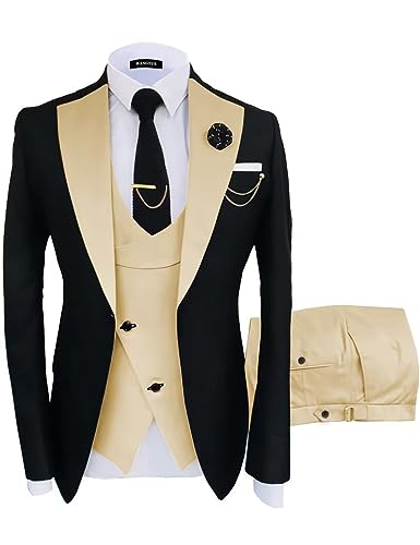 Wangyue Hochzeit Smoking Zweireiher Anzüge für Männer 3 Stück Slim Fit Anzug Prom Anzug 2023 Formale Anzug Weste Hosen Sets, schwarz-champagner, 54 von Wangyue