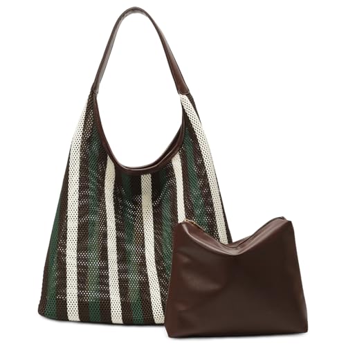 Waniki Handtasche Damen 2-teiliges Set Shopper Groß Schultertasche Strandtasche Netztasche Strand Streifen Tasche for Women Mode Tote Bag Umhängetasche Einkaufstasche für Täglich Freizeit Arbeiten von Waniki