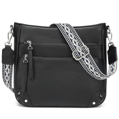 Waniki Umhängetasche Damen Mittelgroß Handtasche Schwarz PU Leder Crossbody Bag Moderne Schultertasche Damenhandtasche Klein Handtaschen mit verstellbarem Breiter Gurt für Frauen von Waniki