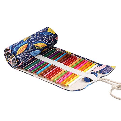 Wankd 72 Slots Bleistift Wrap,Tragbar Stifterolle Bleistifthalter Reise Stiftehalter Buntstifte Federmäppchen Bunter Fisch Roll-up Mäppchen Tasche Organizer von Wankd