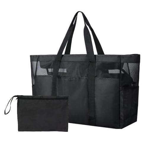 Wanlxc Mesh Strandtasche XXL Familie mit Reißverschluss, Shopper Damen Groß Badetasche Leicht Beach Bag Wasserdicht Faltbare Schultertaschen Einkaufstaschen für Reisen Einkaufen und Alltag von Wanlxc