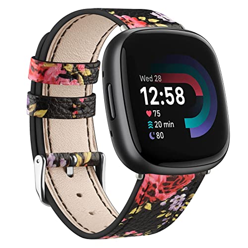 Lederarmbänder für Fitbit Versa 4/3/Sense 2/Sense, Damen & Herren, echtes Leder (Schwarz Rosa Blume) von Wanme