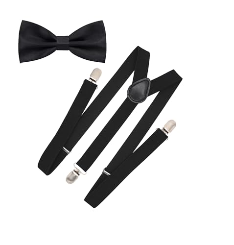 WannGe Herren-Hosenträger 2,5 cm, elastisch, verstellbar, Y-Rücken, zum Anklippen, Set mit Hosenträgern und Fliege, Schwarz, Einheitsgröße von WannGe