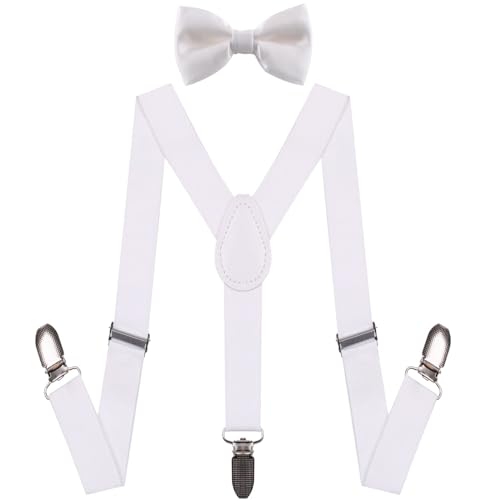 PlayCool Child Kids Suspenders - 1" Adjustable Y-Back Suspender and Bowtie for Boys & Girls - White von WannGe