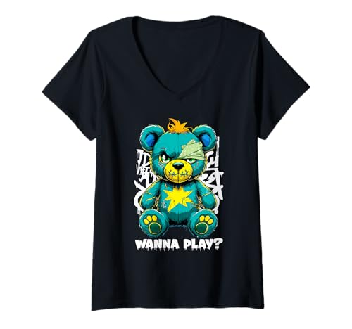 Damen Street-Art-Design mit gruseligem Teddybär T-Shirt mit V-Ausschnitt Damen Street-Art-Design mit gruseligem Teddybär T-Shirt mit V-Ausschnitt von Wanna Play Scary Teddy Bear by NLTS