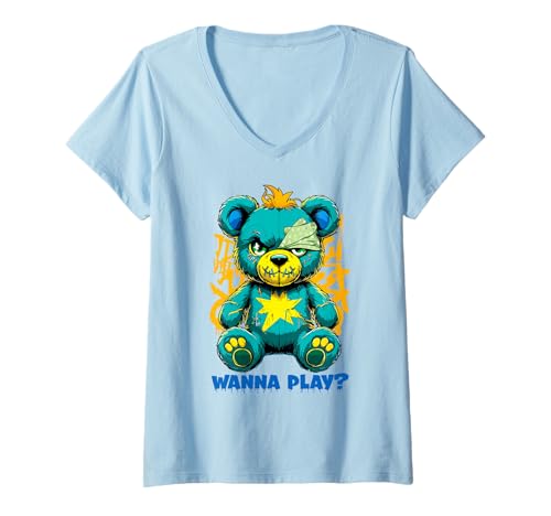Damen Street-Art-Design mit gruseligem Teddybär T-Shirt mit V-Ausschnitt Damen Street-Art-Design mit gruseligem Teddybär T-Shirt mit V-Ausschnitt von Wanna Play Scary Teddy Bear by NLTS