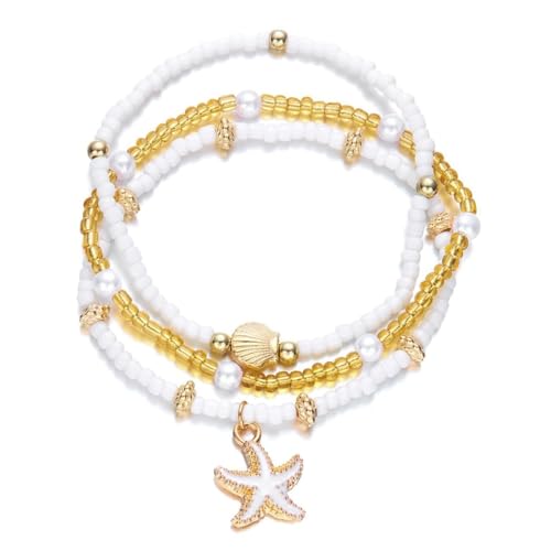 Wansruee Boho Beach Fußkettchen Set, 3-lagig weiße Perlen mit Goldmuschel und Seestern Charms, Perlenakzente von Wansruee