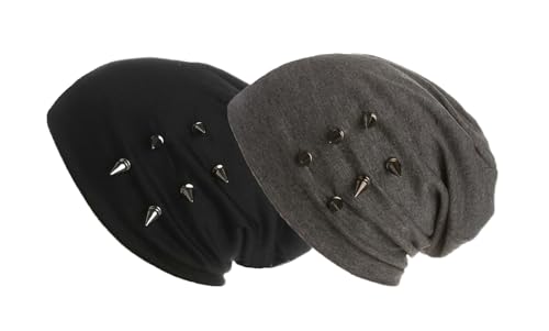 WANSSY® Damen Herren Unisex Beanie-Set 2 Mützen Fashion mit Nieten schwarz und Grau Einheitshröße Kopfbedeckung Schutz vor der Sonne von WANSSY