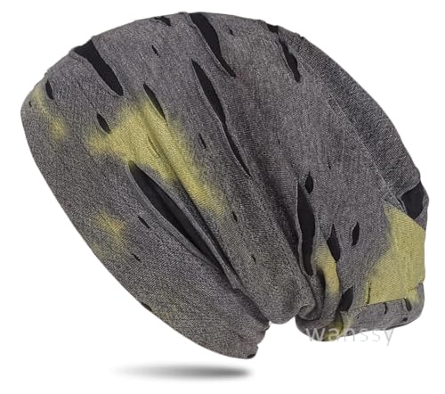 WANSSY® Damen Herren Unisex Uni Farbe Beanie Fashion Destroyed Löcher Färbe Muster Einheitshröße Kopfbedeckung … (Baumwollmischung, Gelb-Grau) von WANSSY