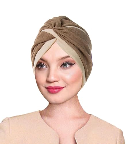 WANSSY® Damen Turban Jersey Fashion Falten Kopfbedeckung Damen Mütze Einheitshröße (Baumwollmischung, Braunmeliert) von WANSSY