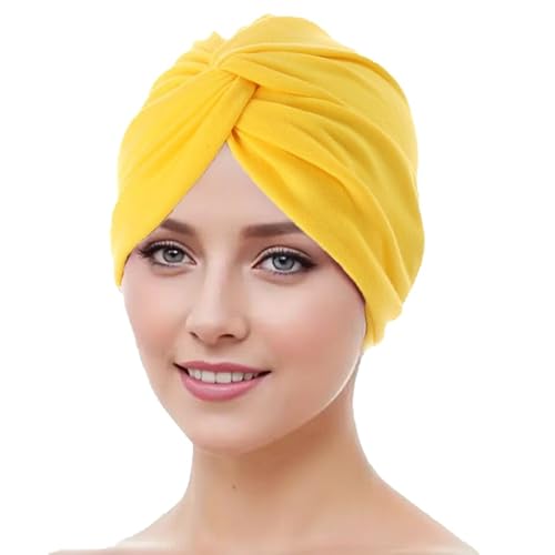 WANSSY® Damen Turban Jersey Fashion Falten Kopfbedeckung Knoten elegant Damen Mütze Einheitshröße (Baumwollmischung, Gelb) von WANSSY