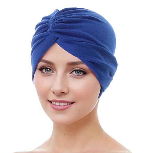 WANSSY® Damen Turban Jersey Fashion Falten Kopfbedeckung Knoten elegant Damen Mütze Einheitshröße (Baumwollmischung, Königblau) von WANSSY