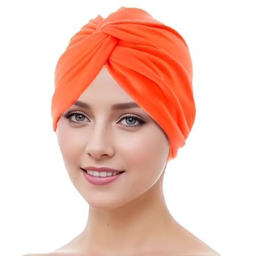 WANSSY® Damen Turban Jersey Fashion Falten Kopfbedeckung Knoten elegant Damen Mütze Einheitshröße (Baumwollmischung, Neonorange) von WANSSY