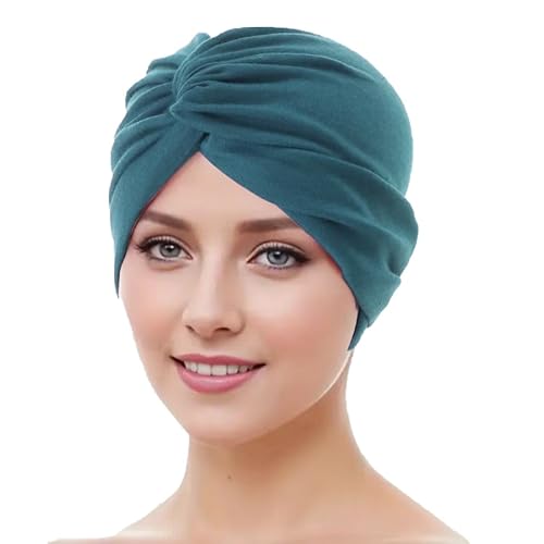 WANSSY® Damen Turban Jersey Fashion Falten Kopfbedeckung Knoten elegant Damen Mütze Einheitshröße (Baumwollmischung, Tealblau) von WANSSY
