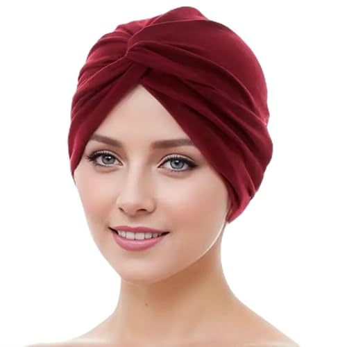 Wanssy® Damen Turban Jersey Fashion Falten Kopfbedeckung Knoten elegant Damen Mütze Einheitshröße (Baumwollmischung, Weinrot) von Wanssy