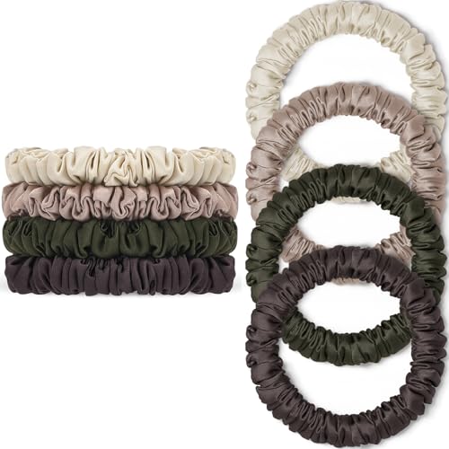 Scrunchies Haargummis Seide Satin Scrunchy, WantGor Damen 4PC Pure Mulberry Silk Skinny Elastische Haargummis Haarbänder Armbänder Pferdeschwanzhalter Haarschmuck (Beige,Champagner,Kaffee,Grau-Grün) von WantGor