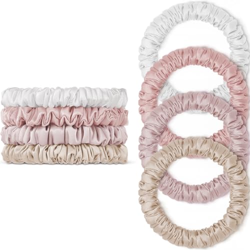 Scrunchies Haargummis Seide Satin Scrunchy, WantGor Damen 4PC Pure Mulberry Silk Skinny Elastische Haargummis Haarbänder Armbänder Pferdeschwanzhalter Haarschmuck (Champagner, weiß, rosa, hellrosa) von WantGor