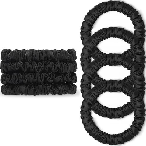 Scrunchies Haargummis Seide Satin Scrunchy, WantGor Damen 4PC Pure Mulberry Silk Skinny Elastische Haargummis Haarbänder Armbänder Pferdeschwanzhalter Haarschmuck (Schwarz*4) von WantGor