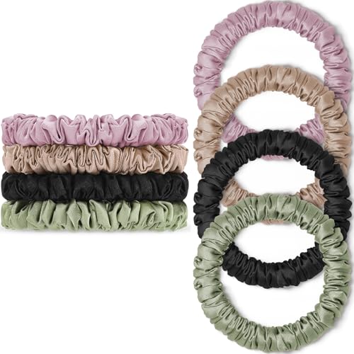 Scrunchies Haargummis Seide Satin Scrunchy, WantGor Damen 4PC Pure Mulberry Silk Skinny Elastische Haargummis Haarbänder Armbänder Pferdeschwanzhalter Haarschmuck (Schwarz, Champagner, Rosa, Grün) von WantGor