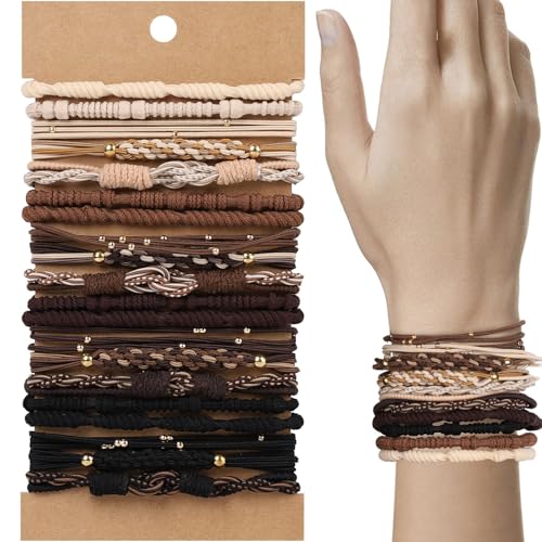 WantGor Boho-Haargummis, 20 PCS Haarbänder 4 Styles Armbänder Haargummis 2.36inch Niedliche Pferdeschwanz-Halter Elastische Boho-Haarspangen Haarschmuck für Frauen Dick Dünn Lang Lockig (Braun) von WantGor