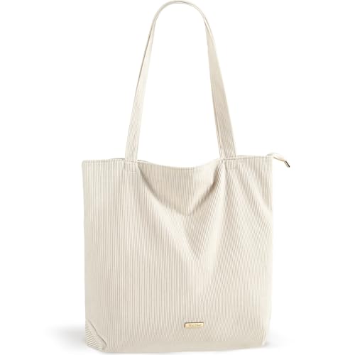 WantGor Damen Cord Tote Bag, große Schulter Hobo Taschen Casual Zipper Handtaschen Arbeit Reise Einkaufstasche mit Taschen (Beige) von WantGor