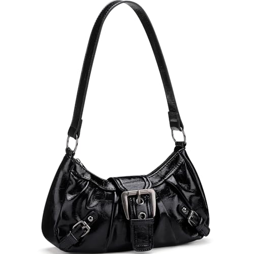 WantGor Frauen Schultertasche Clutch Tote Taschen Top Griff Tasche Reißverschluss Vintage Handtasche Schnalle Punk Hobo Taschen Trendy Unterarmtasche (Schwarz) von WantGor