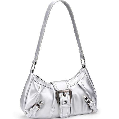 WantGor Frauen Schultertasche Clutch Tote Taschen Top Griff Tasche Reißverschluss Vintage Handtasche Schnalle Punk Hobo Taschen Trendy Unterarmtasche (Silber) von WantGor