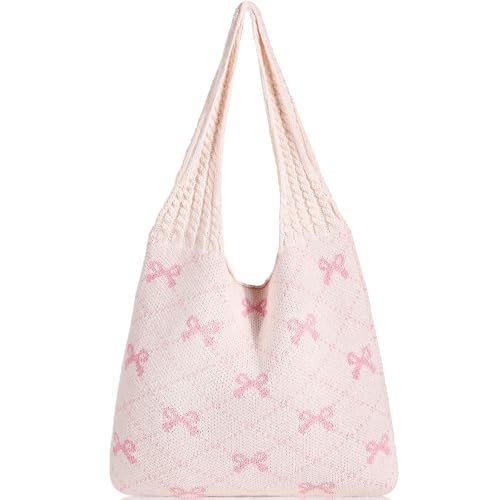 WantGor Häkeltaschen, Strand Mesh Tragetasche Damen Umhängetasche Einkaufstasche Lässige Reisetaschen Tasche faltbar Hobo Taschen (Aprikose Rosa) von WantGor