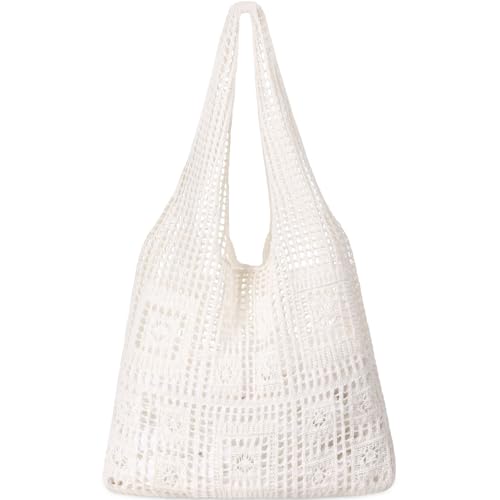WantGor Häkeltaschen, Strand Mesh Tragetasche Damen Umhängetasche Einkaufstasche Lässige Reisetaschen Tasche faltbar Hobo Taschen (Cremig) von WantGor