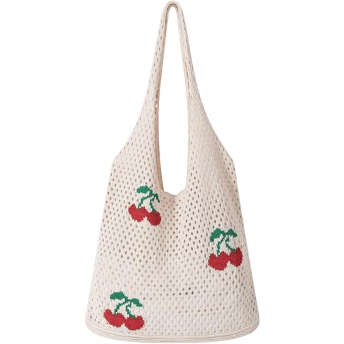 WantGor Häkeltaschen, Strand Mesh Tragetasche Damen Umhängetasche Einkaufstasche Lässige Reisetaschen Tasche faltbar Hobo Taschen (Kirsche-Aprikose) von WantGor