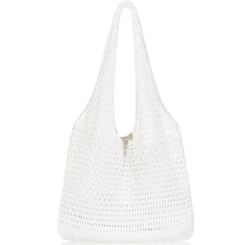 WantGor Häkeltaschen, Strand Mesh Tragetasche Damen Umhängetasche Einkaufstasche Lässige Reisetaschen Tasche faltbar Hobo Taschen (Reines Weiß) von WantGor