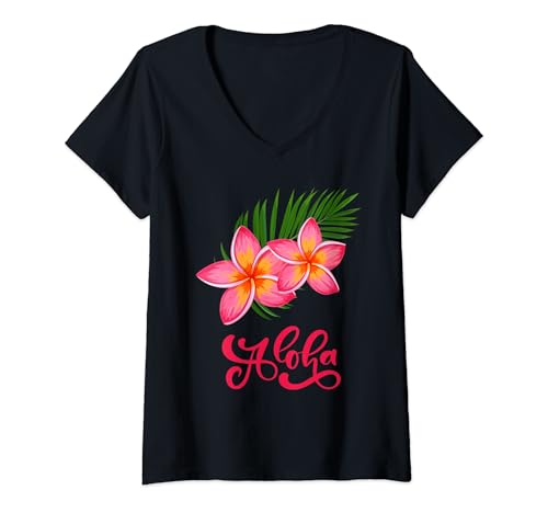 Damen Plumeria-Blume Aloha Hawaiian T-Shirt mit V-Ausschnitt Damen Plumeria-Blume Aloha Hawaiian T-Shirt mit V-Ausschnitt von Wantalicious