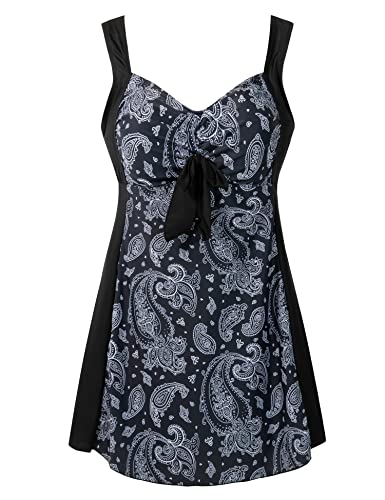 Wantdo Damen Badeanzüge Bauchweg Tankini Sommer Bademode mit Bügel Badekleid Einteiler Schlanke Strandmode Einteiler Schwimmkleid Cashew-Druck 56-58 von Wantdo