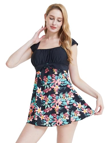Wantdo Damen Badeanzug Kleid Push Up Tankini Sommer Bademode mit Shorts Schlanke Strandmode Badekleid Shapewear Einteiler Schwimmkleid Azalee 48-50 von Wantdo