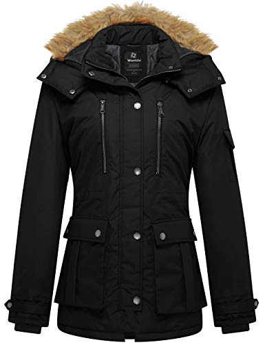 Wantdo Damen Baumwolle Mantel Warm Gefüttert Winter Jacke Kunstfell-Kapuze Jacke Quilted Gesteppt Mantel Schwarz XL von Wantdo